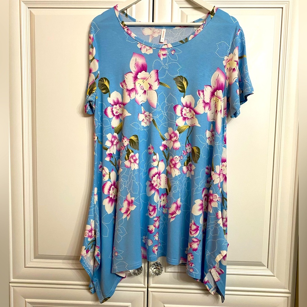 Bishuige Sz Large Short Sleeve Light Blue Tunic with Pink Florals Top Shirt